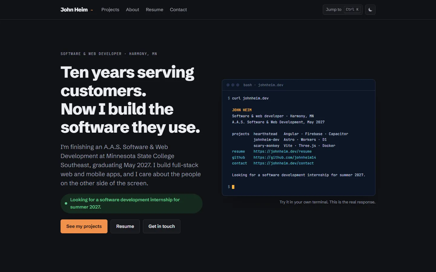 The johnheim.dev home page in dark mode. The headline sits beside a terminal window showing the real response to curl johnheim.dev.